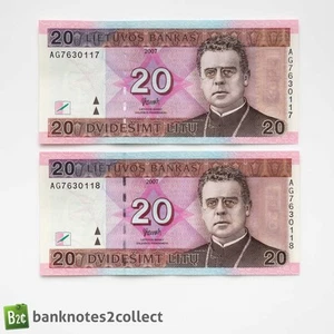 LITUANIA: 2 x 20 billetes lituanos Litu con números de serie consecutivos. - Imagen 1 de 3
