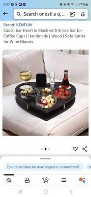 Couch bar Heart in Black with Snack bar forCoffee Cups | Handmade | Wood | Sofa - Image 1 of 2