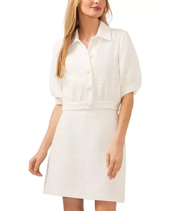 CeCe Puffärmel Tweed Kurzarm Sakko Damen 8 Ultra Weiß Knopfverschluss - Bild 1 von 14