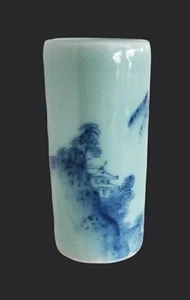 Vintage MCM 7" japanische Seladon Porzellan Vase Grand Mtn Natur Kobalt Zylinder NEUWERTIG - Bild 1 von 12