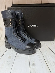 Chanel Denim Patent Lambskin Quilted CC Lace Up Combat Boots Blue Sz 38.5 / 8.5 - Picture 1 of 14