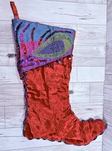 Pailletten Pfau Satin Manschette, Perlen Quaste rot Samt Weihnachten Strumpf 16" - Bild 1 von 5