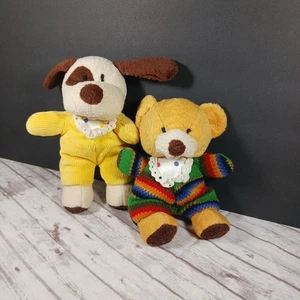 Vintage JC Penney exklusiver cremefarbener/brauner Hund & gelber Bär Plüsch Rassel Beißring 8 Zoll Rarität - Bild 1 von 14