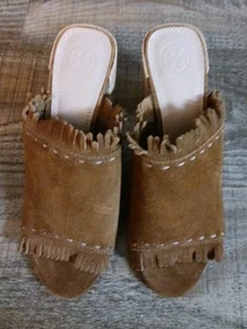 Tory Burch Huntington Brown Suede Mules Block Heel Women Sz 6.5 M Made In Brazil - Picture 1 of 10