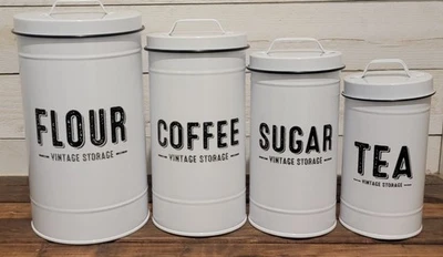NUEVO Juego de 4 botes de cocina de metal para granja blanco negro almacenamiento vintage Foto 1 de 2