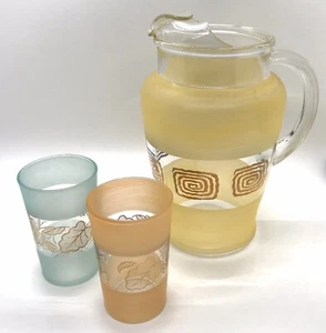 Vintage Mid Century Retro Pastel Glass Juice Pitcher And Glasses w/ Gold Accents - Picture 1 of 9