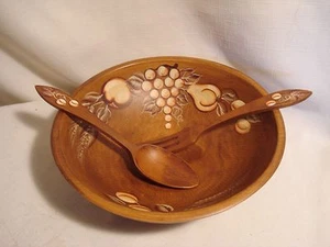 Ciotola e utensili vintage in legno dipinto a mano artigianato del legno - Foto 1 di 4