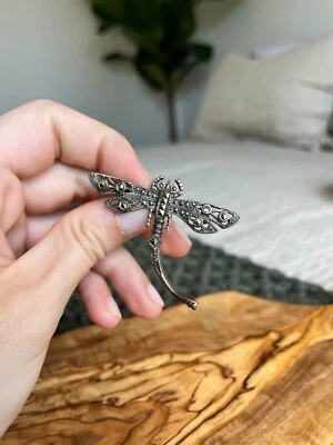 Broche libélula vintage meixco hecho a mano de plata de ley 925 con marcasita. Foto 1 de 2