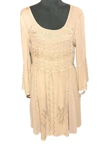 FRAZZLE TAUPE BEIGE LINED SEMI SHEER TUNIC DRESS EMBROIDERED  SIZE MEDIUM  BOHO - Picture 1 of 8