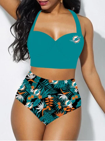 Miami Dolphins Womens Bikini Set Halter Neck Swimsuit Tummy Control Bathing Suit Cover