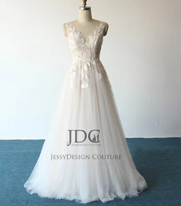 Dreamy Lace Bridal Gown Wedding Dress Custom made Straps 2-28W Champagne Buttons - Picture 1 of 11