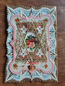 Cherub-Floral Bouquet Vintage 1893 Embossed-Gold Lace-Die Cut Valentine Day Card - Picture 1 of 3