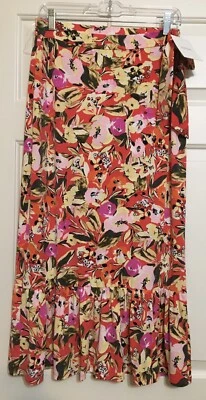 NUEVO CON ETIQUETAS Ellen Tracy Talla M Rojo Amarillo Floral Volantes Maxi Largo Envolvente Falda Mujer  Foto 1 de 4