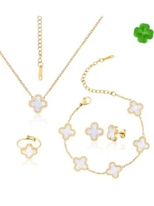 4 Leaf Lucky Clover Jewelry Set-18K Gold Plated Bracelet, Necklace,Earrings,Ring - Picture 1 of 7