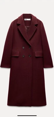 100% Authentic ZARA Burgundy Wool Blend Coat $229.90+Tax Size: XS - Image 1 of 3