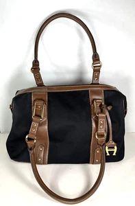 Etienne Aigner Saville Collection Black Cotton Brown Faux Leather Trim Satchel - Picture 1 of 13