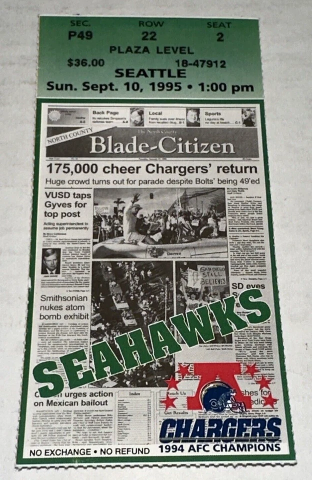 San Diego Chargers NFL Seattle Seahawks Champs Newspaper Ticket Stub 12/3/1995 - Image 1 of 2