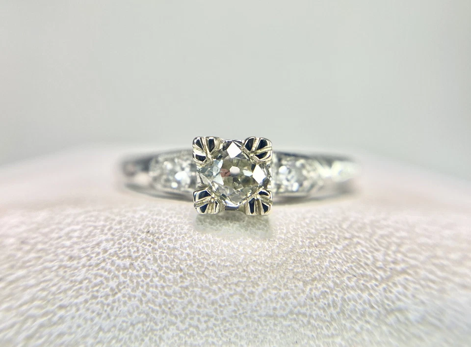 Anillo de compromiso vintage Art Deco paladio antiguo minero diamante redondo natural Foto 1 de 4