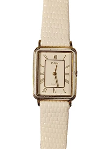 Pulsar Tank Watch Y580-528H Women's Gold Tone Roman White Leather New Battery - Picture 1 of 9