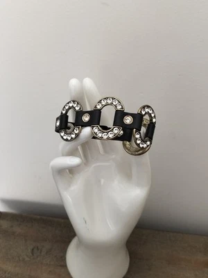 Signed Sheng Tong  LEATHER Bracelet RHINESTONES CRYSTAL SNAP CLOSURE BRACELET - Image 1 of 4