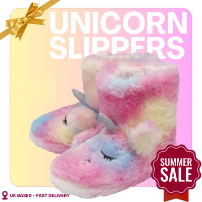 DUNLOP (ZIGZAG) Womens Ladies Novelty Unicorn Fluffy Comfort Rainbow Bootie Slippers New Sizes