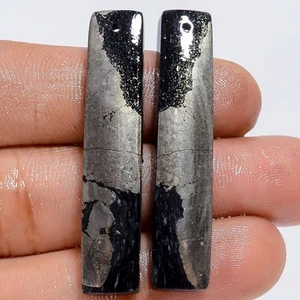 53 Ct. Radiant Apache Gold Pyrite Cabochon Stone Drilled Pair Earrings 42X9X4 mm - Picture 1 of 2