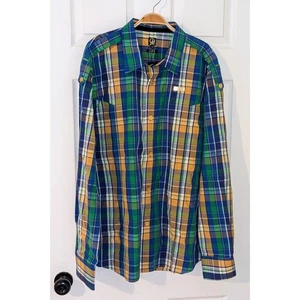 Cavi Men 2XL Plaid Striped Long-Sleeved Button Cotton Shirt Gold Buttons NWT $98 - Picture 1 of 9