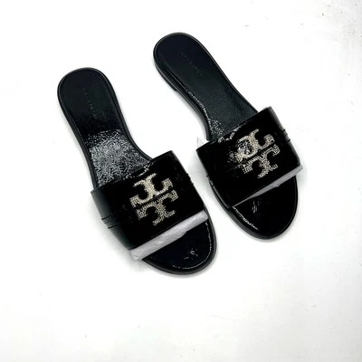 Tory Burch Everly Slide Softy Naplak Корова Идеальный Черный/Кристалл Размер 9 НОВЫЙ - Изображение 1 из 4