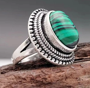 Silver Malachite-Style Ring – Alloy & Resin | Ornate Bezel Setting | Sizes 5-11 - Picture 1 of 4