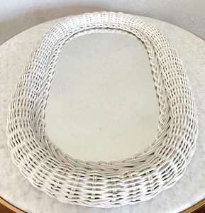 Vintage White Wicker + Oval Accent Wall Mirror, Boho CottageCore, Cottage Core - Picture 1 of 6