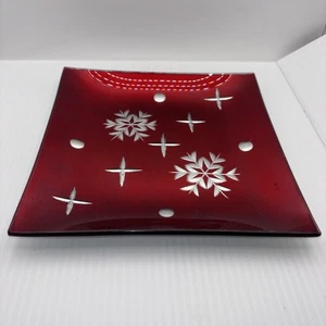 Piatto quadrato in vetro rosso design fiocco di neve decorazione natalizia 8,5" piatto natalizio - Foto 1 di 3