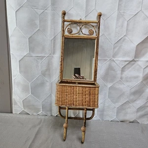 VTG Retro MCM Rattan Bamboo Wicker Wall Mirror Shelf Basket Jewelry Purse Hooks - Picture 1 of 10