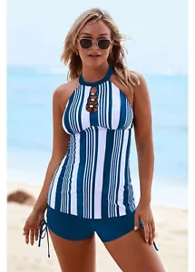 ROTITA Stripe Print Drawstring Side Cutout Neck Tankini Set - Picture 1 of 3