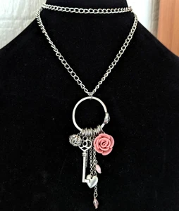 Long Fringe Charm Pendant Necklace Heart Key Rose Charms Layered Boho Jewelry - Picture 1 of 6