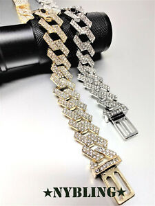 Miami Cuban Bracelet Diamond Prong Style Mens Hip Hop Jewelry Gold/Silver Plated