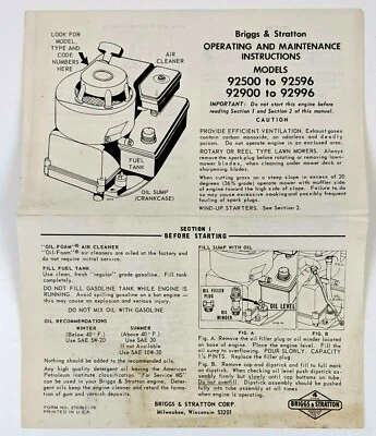 Folleto de mantenimiento operativo Briggs & Stratton cortacésped 92500 92596 92900 92996  Foto 1 de 3