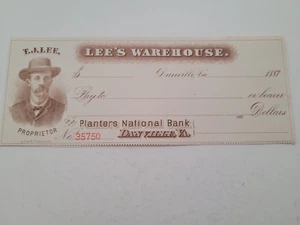 Antique Lee's Warehouse 1887 Check Planters National Bank Danville Va - Picture 1 of 6