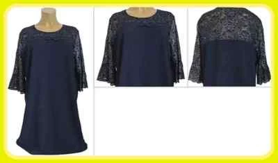 NEU Übergröße Damen Stretch Kleid dunkel blau Spitze 3/4 Volant Arme Gr. 58, 62 - Bild 1 von 4