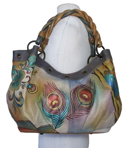 Anuschka Leder Handtasche Pfauenfedern Schmetterlinge Blumen - Bild 1 von 10