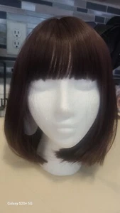Short Straight Bob Synthetic Wig Bangs BDark Auburn Hair - Picture 1 of 8
