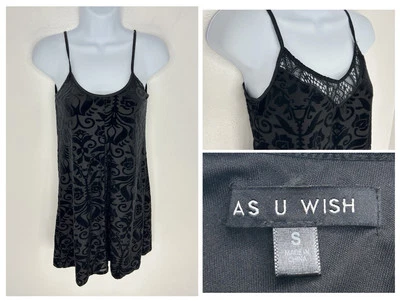 As U Wish Черное Платье Маленькое Whimsigoth Burnout Бархат Цветочный Фея Гранж Ведьма - Изображение 1 из 4