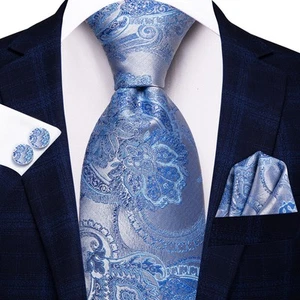 Cravatta uomo blu chiaro fiore cravatta fazzoletto set gemelli matrimonio casual - Foto 1 di 7