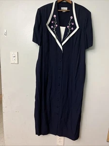 Vintage 80er Jahre S.L. Fashions Marine Rosa Blumen bestickt Knopfleiste Kragen Kleid 24w - Bild 1 von 6
