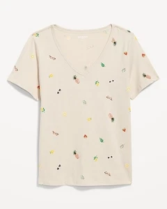 NWT Old Navy Beige V-Neck Cotton Tee Tropical Fruit Sunglasses Print Womens L  - Picture 1 of 1