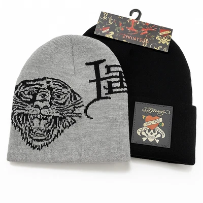 Ed Hardy Beanie Hat Set 2-Pack Knit Skull Heart Black + Tiger Gray Tattoo NWT - Image 1 of 4
