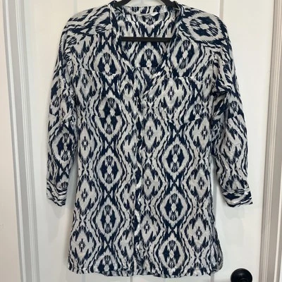 Maiô ATHLETA Feminino Tamanho XXS Cobertura Azul Branco Ikat Manga 3/4 Botão Frontal - Imagem 1 de 4