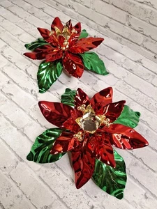Vintage Christmas Shiny metal Poinsettia Flower Taper Candle Holder Set Of 2 - Picture 1 of 8