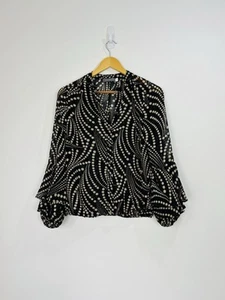 Mint Velvet Blouse Size Small Black Beige Sheer Chiffon Flare Sleeve Buttoned - Picture 1 of 10