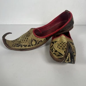 Zapatos persas de Oriente Medio dorados bordados de cuero hechos a mano con dedos rizados - Imagen 1 de 13