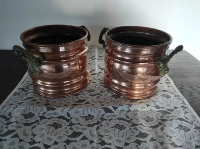 Lot de 2 cache-pots- têtes de faunes- cuivre ancien avec poignées en bronze - Photo 1/4